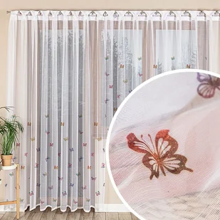 Długa gotowa firana żakardowa z otworami na drążek, Motylki, kolor biały z kolorowym nadrukiem, rozmiar: 300x230 cm - Firany - miniaturka - grafika 1