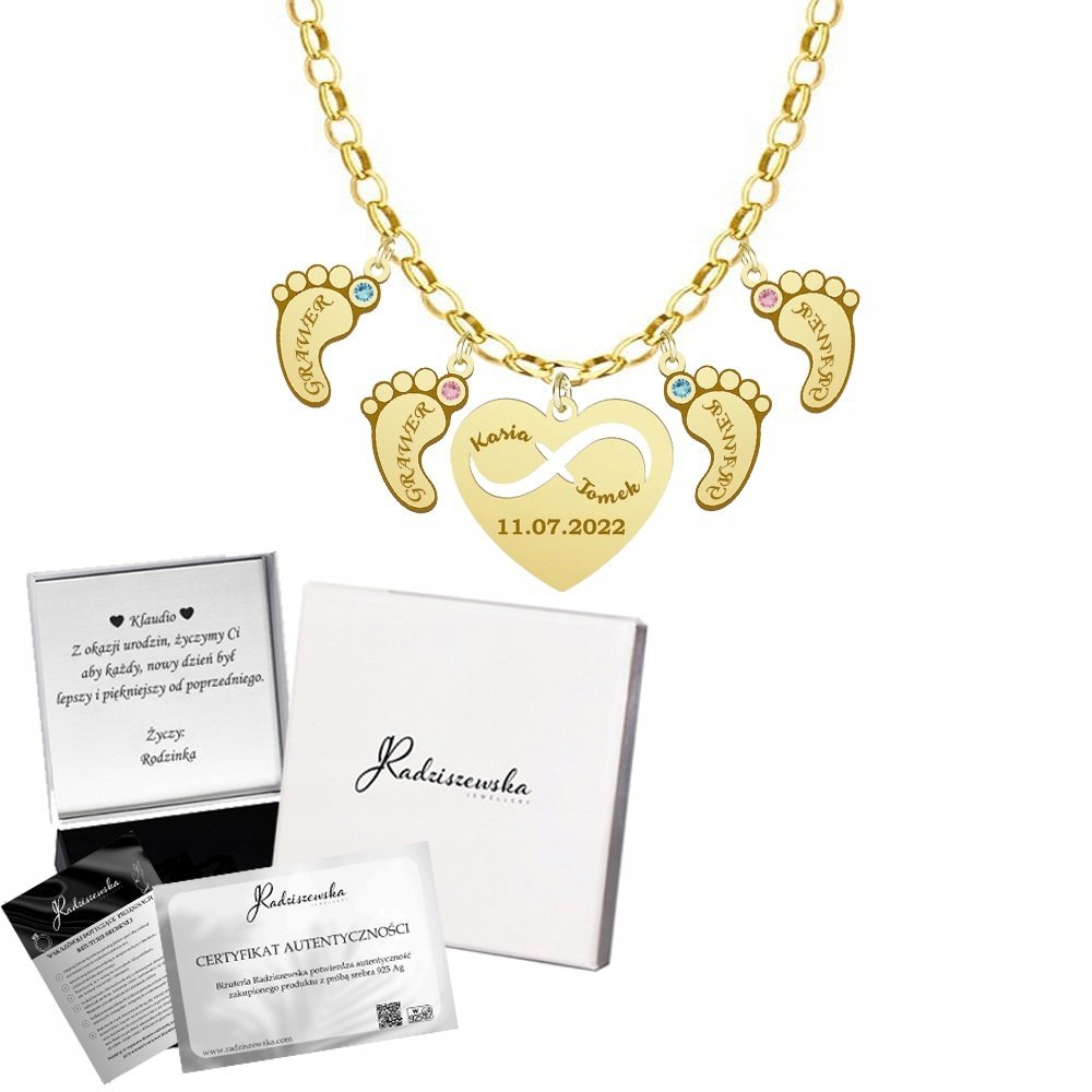 Złoty Naszyjnik Serce Stópki Imię Dziecka Prezent 925 Dzień Matki GRAWER