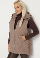 Kamizelki damskie - Ciemnobeżowa Przejściowa Kamizelka z Pikowanymi Przeszyciami i Kapturem Fesolira - miniaturka - grafika 1