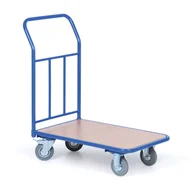 Wózki magazynowe - Wózek platformowy z uchwytem z siatką, platforma 500 x 800 mm, nośność 200 kg, koła 125 mm z szarą gumą - miniaturka - grafika 1