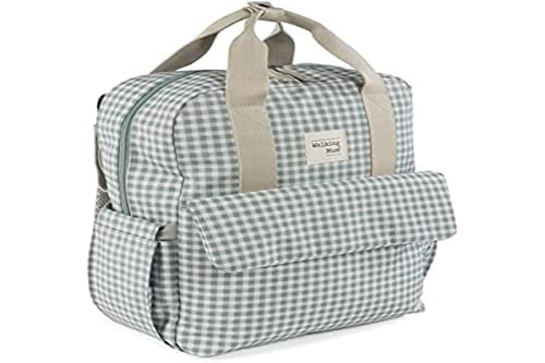 Walking Mum. Plecak I Love Vichy – torba na pieluchy na wózki, wszechstronne wzornictwo z krótkimi uchwytami i paskami do noszenia na ramionach – kolor zielony – wymiary 37x28x12 cm