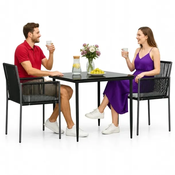 Zestaw Mebli Ogrodowych z Rattanu PE, Stół i Krzesła, Czarne, 80x80x74 c