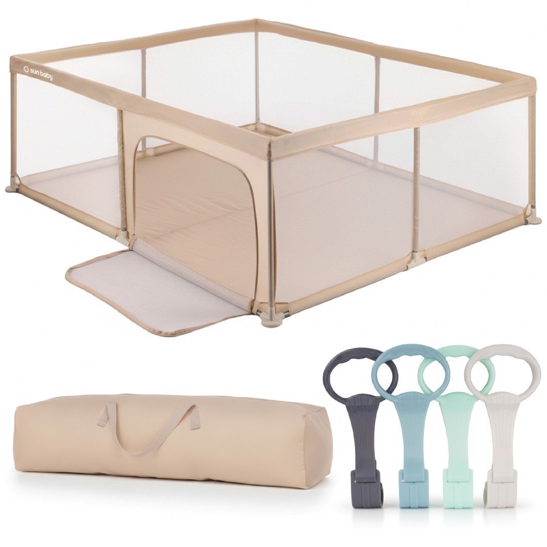 Duży Kojec Dziecięcy Łóżeczko Plac Zabaw Z Podłogą Suchy Basen 150X200 Beżowy + Uchwyty Do Kojca Zestaw Sun Baby