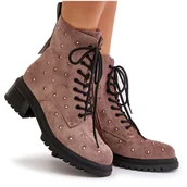 Botki damskie - S.Barski Zdobione Botki Workery Damskie Ocieplane D&A MR880-017 Taupe beżowy - miniaturka - grafika 1