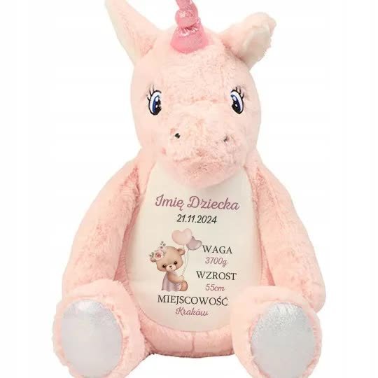 PLUSZOWY JEDNOROŻEC Dla Dziecka Personalizowane WZROST, WAGA Różowe Wzory