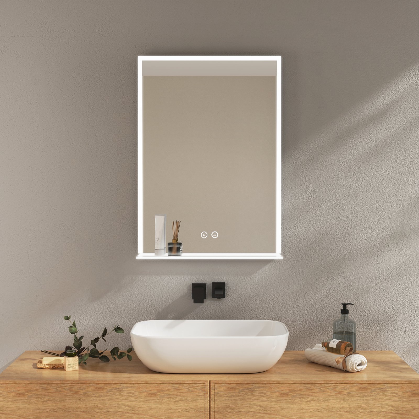 Lustro łazienkowe EMKE z oświetleniem LED, pionowe lustro ścienne z półką, przełącznik dotykowy lustra łazienkowego 500x700 mm, funkcja przeciwmgielna