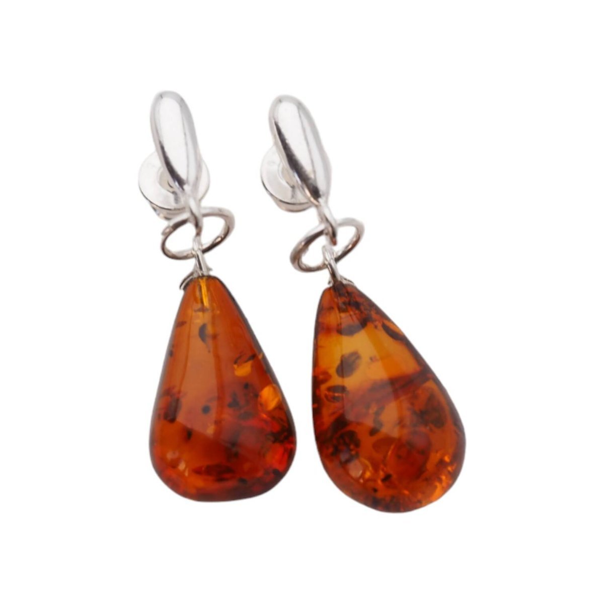 Kolczyki wiszące sztyfty - koniakowy Bursztyn krople i srebro-2