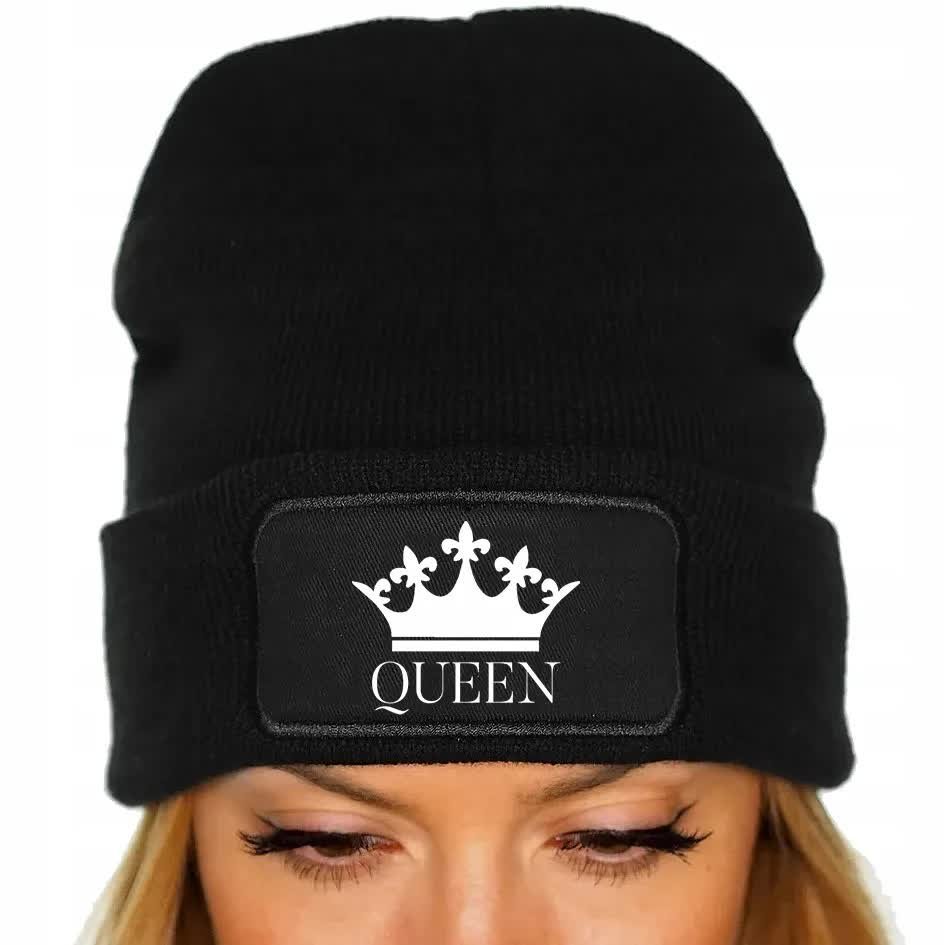 CZAPKA Jesienna BAWEŁNIANA ZIMOWA Ciepła CZARNA BEANIE QUEEN Królowa Wzory