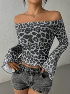 Bluzki damskie - Bluzka bez ramiączek w panterkę - Szary - miniaturka - grafika 1