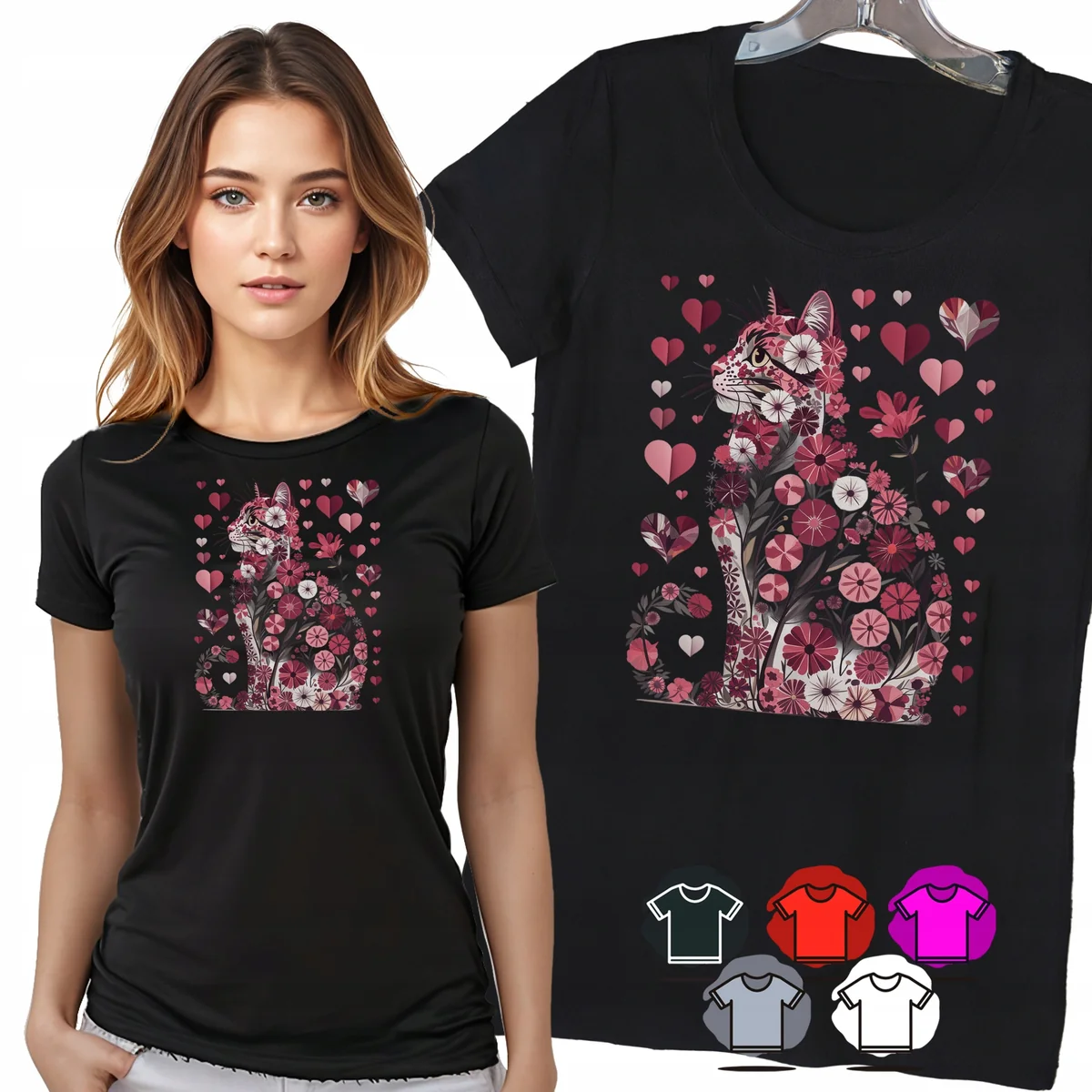 KOSZULKA DAMSKA T-SHIRT - KOT W KWIATACH I SERCACH RÓŻOWY WZÓR MODNY - XXL
