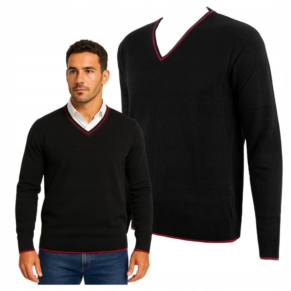 Czarny Sweter Męski w Serek z Czerwonym Wykończeniem Bawełna Akryl XXL 2XL