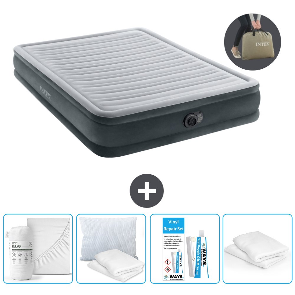 Łóżko powietrzne Intex - 2 osoby - 152 x 203 x 33 cm - Szare - Z pompką - Prześcieradło - Całowanie - Zestaw naprawczy en Ochraniacz na poduszkę