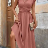 Sukienki - TEMU Elegancka Dwukolorowa Koronkowa Sukienka A-Line Dla Kobiet, Dekolt W Kształcie Litery V, Krótki Rękaw, Trapezoide, Poliestrowa, 150 Cm, Dla - miniaturka - grafika 1