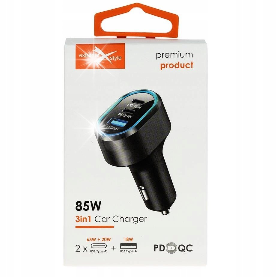 Ładowarka samochodowa eXtremestyle 85W 2x USB-C +USB 3.25A 65W do laptopa