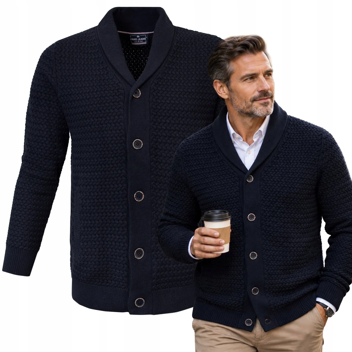 SWETER Męski ROZPINANY Ciepły Kardigan na Guziki GRANATOWY Pako Jeans SWETER Męski ROZPINANY Ciepły Kardigan na Guziki GRANATOWY XL Pako Jeans