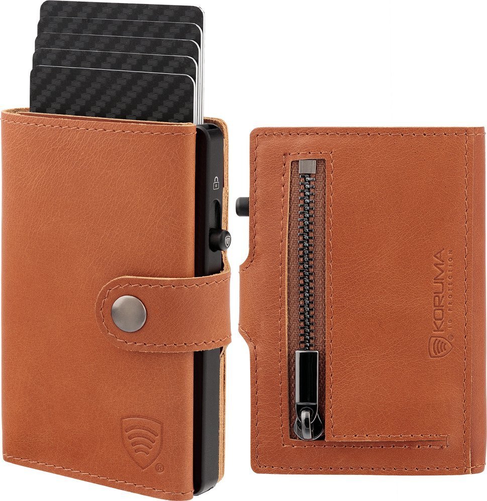 KORUMA Skórzany portfel męski z kieszenią na bilon oraz aluminiowym etui z wysuwanymi kartami brązowy Uniwersalny