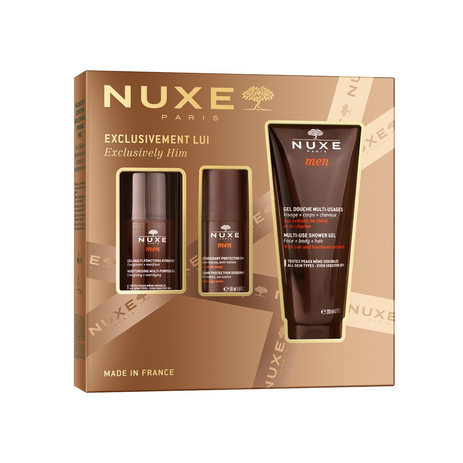 Nuxe zestaw Men: Żel nawilżający do twarzy 50ml + Żel pod prysznic 200ml + Deo roll-on 50ml