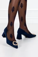 Czółenka - Granatowe czółenka na słupku damskie z ozdobą skórzana wkładka Casu D23WX1-N-36 - miniaturka - grafika 1