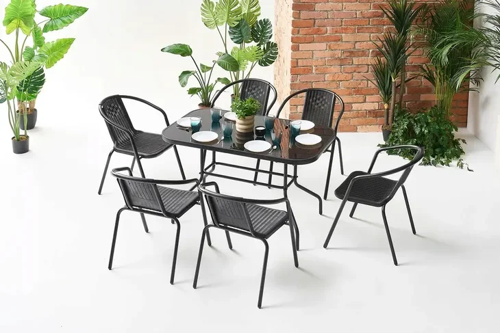 Zestaw balkonowy - stół z szybą 70x120x70cm i sześć krzeseł, czarny rattan