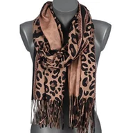 Apaszki i szaliki damskie - Szalik damski szal w PANTERKĘ na prezent z frędzlami RC-8-2 brązowy - miniaturka - grafika 1