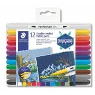 Markery permanentne - Staedtler 3190 TB12 flamastry z podwójnymi włóknami (wąska i szeroka końcówka, do dekorowania tkanin, przezroczyste składane etui z 12 jasnymi kolorami) - miniaturka - grafika 1