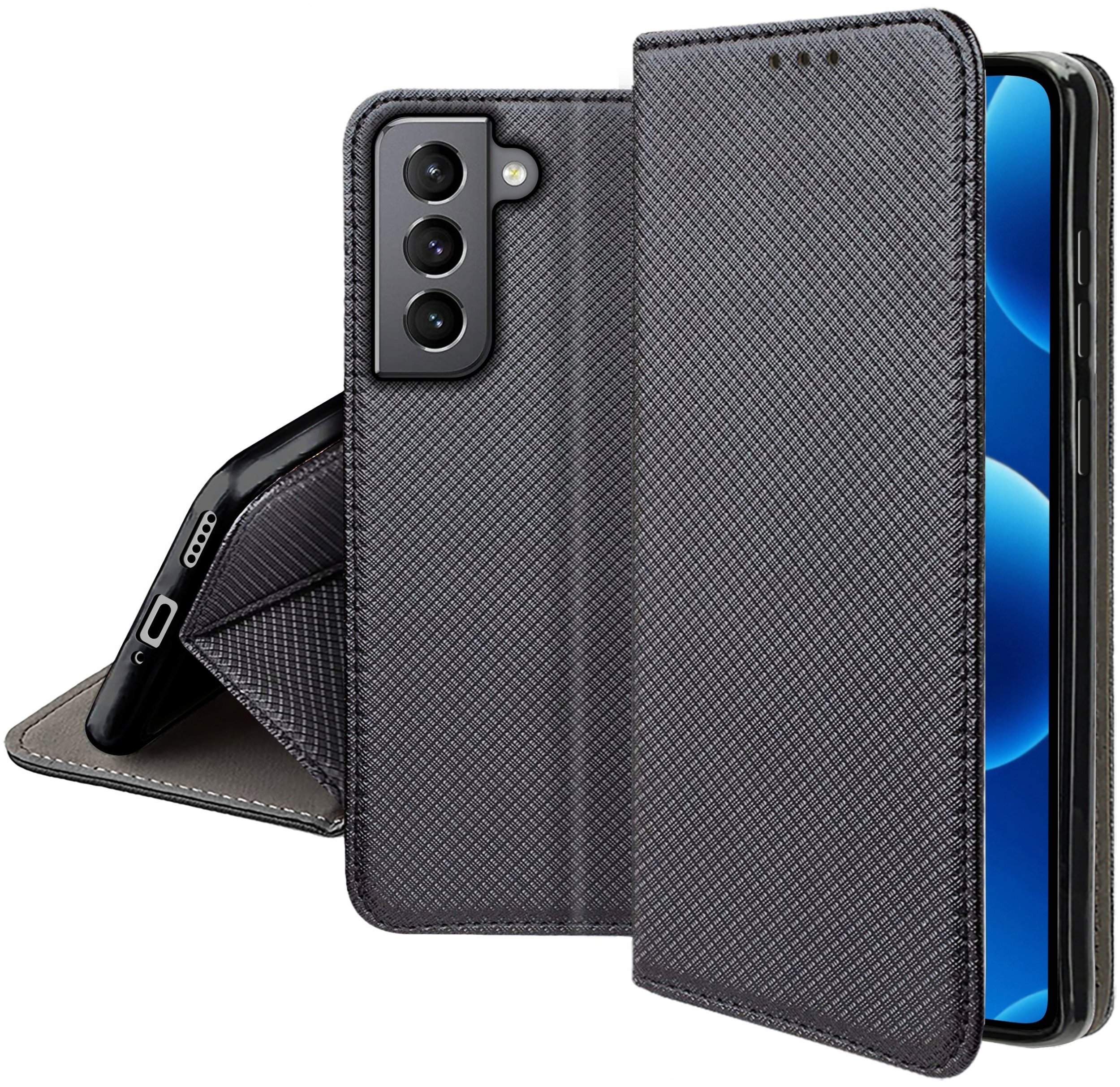 krainaGSM Etui Z Klapką Do Samsung S21 Zamykane Czarne Futerał + Szkło 9H