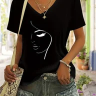 Bluzki damskie - TEMU Damska luźna bluzka z krótkim rękawem i dekoltem w serek charakteryzuje się kreatywnym, minimalistycznym designem z nadrukiem twarzy, stanowiąc - miniaturka - grafika 1