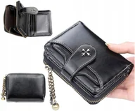 Portfele - Damski elegancki mały skórzany portfel skóra Karty ochrona kart Czarny - miniaturka - grafika 1