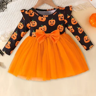 TEMU Urocza sukienka dla dziewczynek z tiulu z długim rękawem i nadrukiem dyni, ozdobiona kokardą - Żywy pomarańczowy i jesienno-zimowy strój na - Sukienki i spódniczki dla dziewczynek - miniaturka - grafika 1