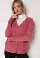 Swetry damskie - Ciemnoróżowy Kardigan z Bawełną Zdobiony Warkoczowym Splotem i Kieszeniami Mevesava - miniaturka - grafika 1