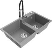 Zlewozmywaki z baterią - Mexen Tomas zlewozmywak granitowy 2-komorowy z baterią kuchenną Aster, szary - 6516-71-73450-07 - miniaturka - grafika 1