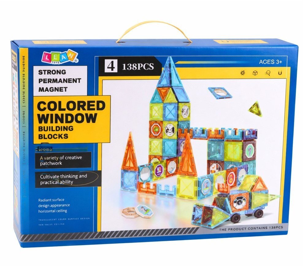 LeanToys Klocki Magnetyczne Edukacyjne Okienka Z Pojazdem 3D Naklejki 138 el. EDUKAMP