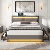 Łóżka - Łóżko tapicerowane Flieks 140x200cm z USB, łóżko do przechowywania, łóżko podwójne ze stelażem listwowym i 4 szufladami, łóżko młodzieżowe z LED, łóżko drewniane, funkcjonalne łóżko, PU, szare - miniaturka - grafika 1