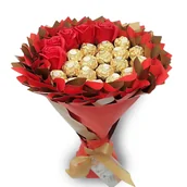 Zestawy upominkowe - Słodki bukiet czerwony i złoty z Ferrero Rocher i 5 mydlanych róż (średnica 20 cm) - miniaturka - grafika 1