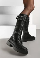 Kozaki damskie - Czarne Kozaki Workery na Grubej Podeszwie Ozdobione Klamrami i Sznurowaniem Aflorentia - miniaturka - grafika 1