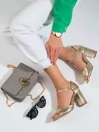 Sandały damskie - Złote damskie klasyczne sandały na wysokim słupku Shelovet - miniaturka - grafika 1