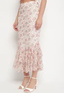 Spódnice - Biało-Różowa Spódnica o Dopasowanym Kroju Zdobiona Falbanką Efririsse - miniaturka - grafika 1