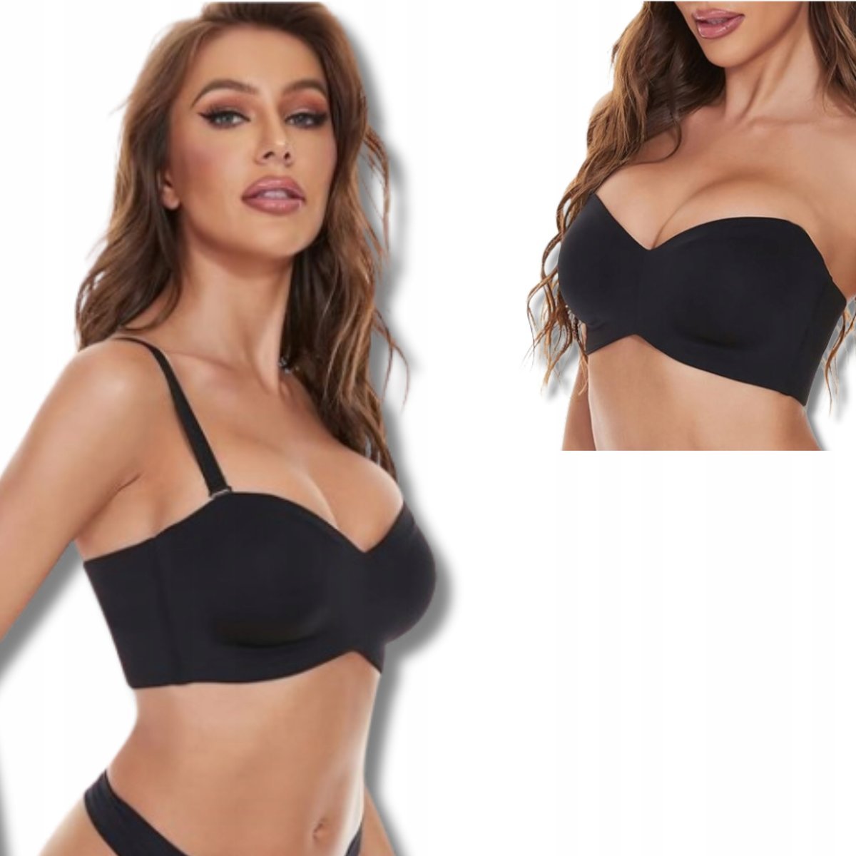 Biustonosz Bezszwowy Bandeau Push-Up Czarny 36/80F Odpinane Ramiączka