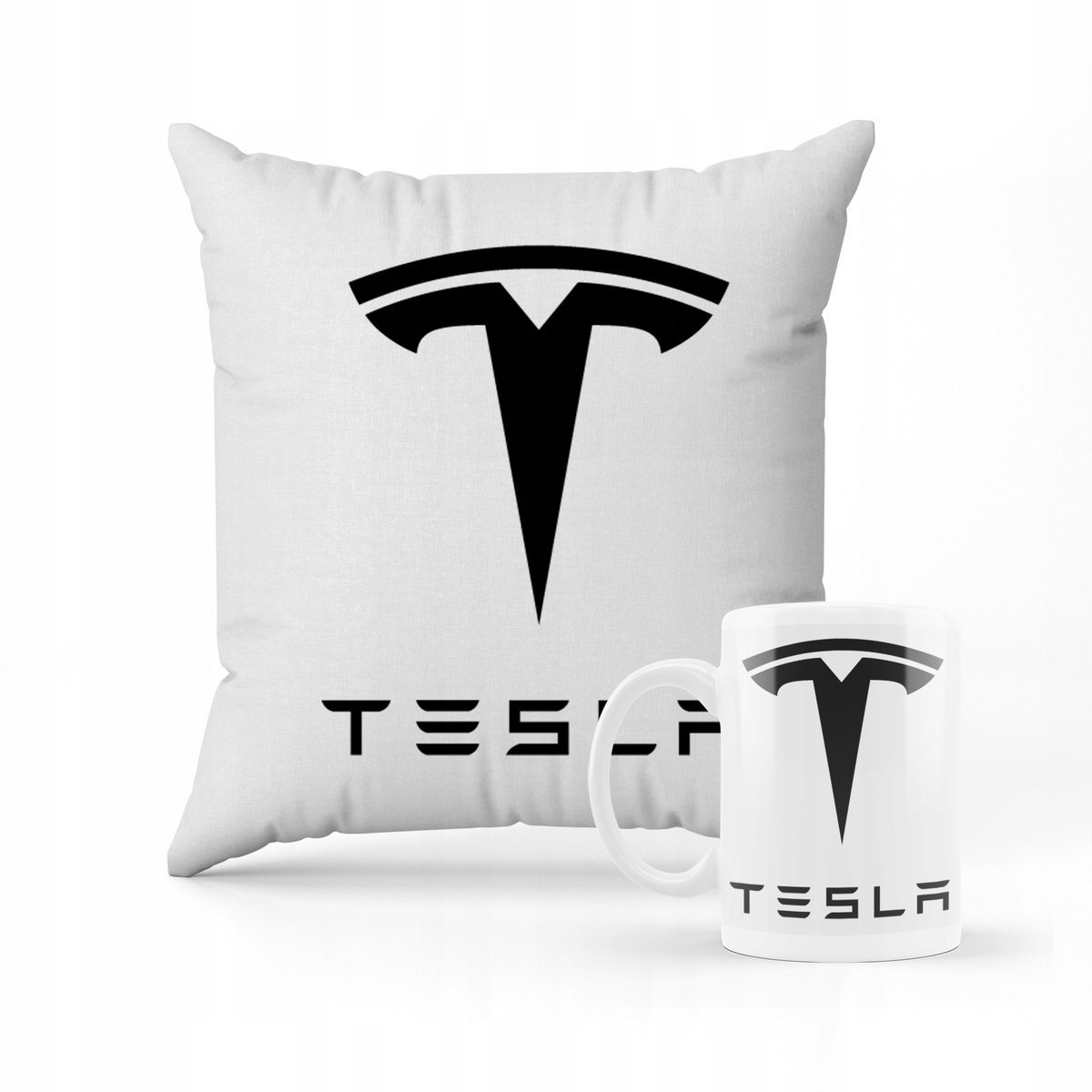 ZESTAW PODUSZKA + KUBEK PREZENT DLA DZIECKA TESLA AUTO LOGO + IMIĘ 2