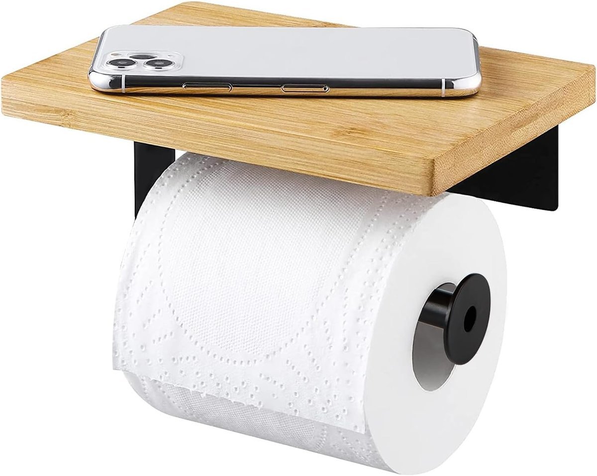 Uchwyt na papier toaletowy bez wiercenia, z półką, czarny uchwyt na papier toaletowy z drewnianą płytą, uchwyt na papier toaletowy, montaż ścienny, ..