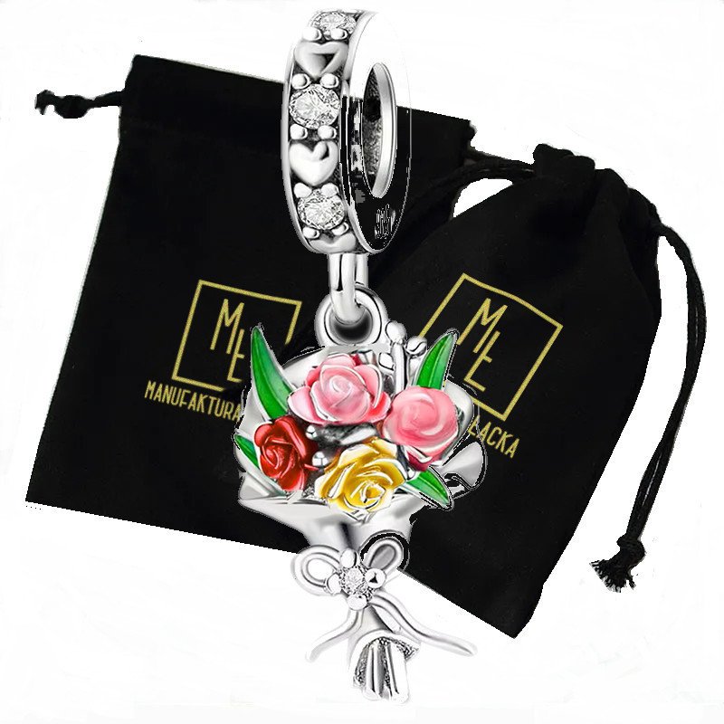 Charms Srebro 925 Bukiet Kwiatów Imieniny Róże Cyrkonie Prezent Manufaktura