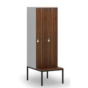 Szafy biurowe - Drewniana szafa ubraniowa z ławką, 2-drzwiowa, 1871 x 600 x 500/800 mm, zamek obrotowy, szary/orzech - miniaturka - grafika 1