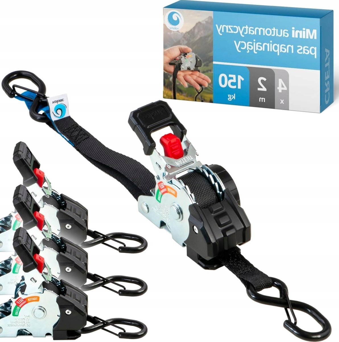 PASY MOCUJACE AUTOMATYCZNE MINI 2M CZARNE 4 SZTUKI 150KG S HAKI
