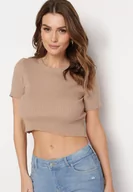 Koszulki i topy damskie - Ciemnobeżowy Krótki T-shirt z Prążkowanej Dzianiny Clutia - miniaturka - grafika 1