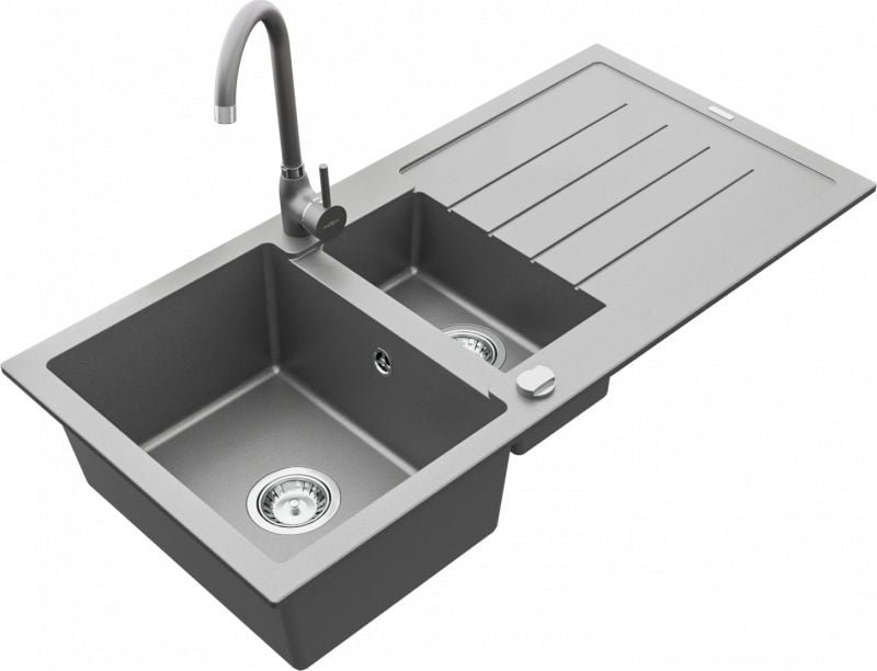 Mexen Zlewozmywak  Andres granitowy 1,5-komorowy z ociekaczem i baterią kuchenną Telma, szary - 6515-71-670200-71