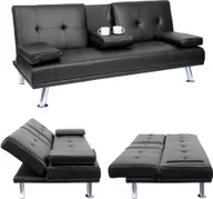 Sofy i kanapy - sofa 3-osobowa HWC-F60, kanapa rozkładana, łóżko dla gości, regulowany uchwyt na kubek 97x166cm ~ imitacja skóry , czarny - miniaturka - grafika 1