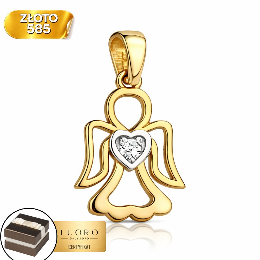 ZAWIESZKA ZŁOTA 585 14K ANIOŁEK Z CYRKONIĄ W SERDUSZKU 1,6 CM ELEGANCKA