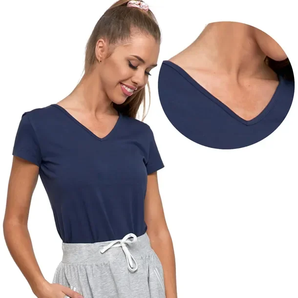 T-Shirt Koszulka Damska Bawełniana Serek Granatowa Gładka Prosta MORAJ XL