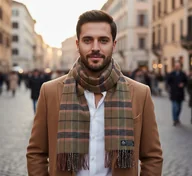 Apaszki i szaliki męskie - Szalik Męski Brązowy Zielony Kratka Wełna - miniaturka - grafika 1
