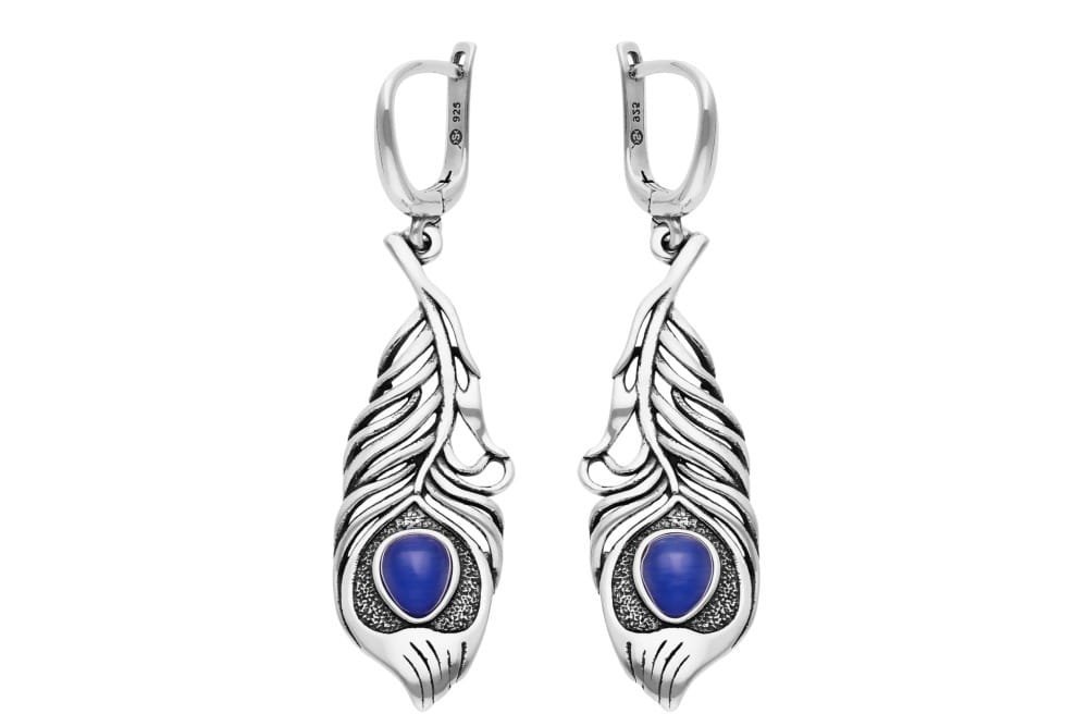 Srebrne kolczyki 925 długie pióra z niebieskimi kamieniami
